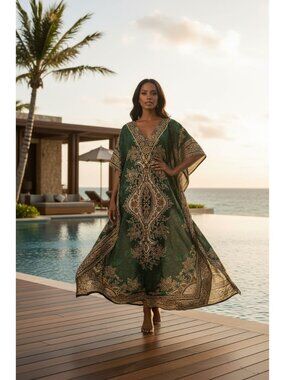 Womens Boho Kaftan Dress Flowy Resort Lounge Caftan Cover Up Green & Gold Floral